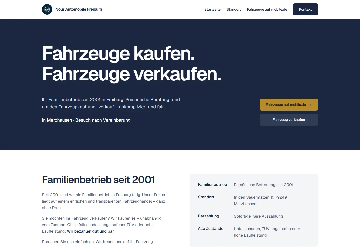 Screenshot der Website Nour Automobile mit Fahrzeughandel und Kontaktmöglichkeiten.